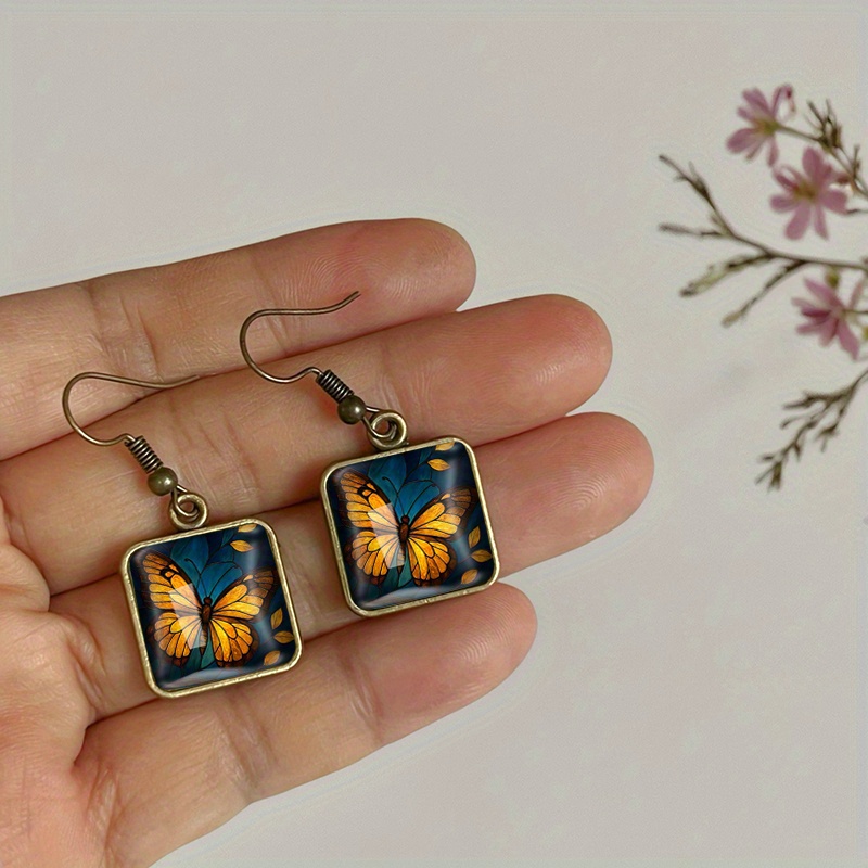 Vintage Glass Drop Earrings with Autumn Leaves & Butterflies